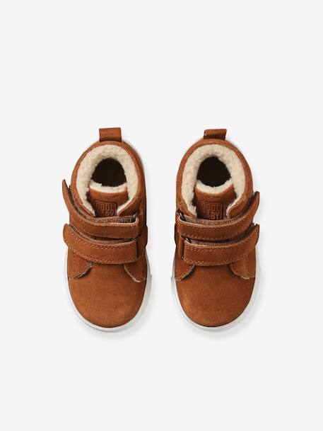 High-Top Unisex Furry Trainers in Leather for Babies BROWN MEDIUM SOLID 