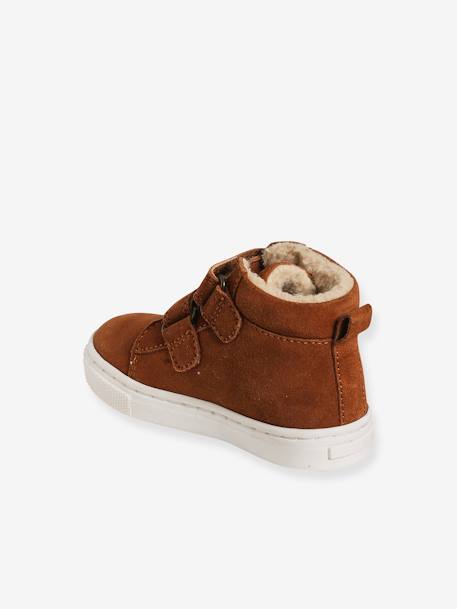 High-Top Unisex Furry Trainers in Leather for Babies BROWN MEDIUM SOLID 