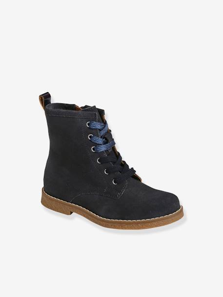 Leather Boots with Laces + Zip, for Girls BLUE DARK SOLID+Brown 