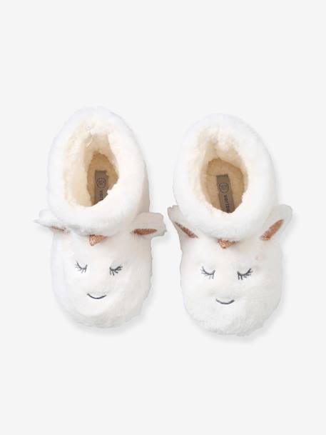 High-Top Unicorn Plush Slippers for Girls WHITE LIGHT SOLID WITH DESIGN 