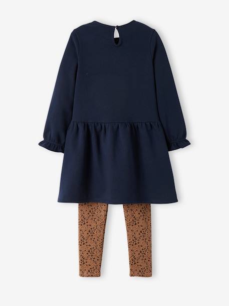 Fleece Dress & Leggings Combo, for Girls BLUE DARK SOLID WITH DESIGN+dusky pink 