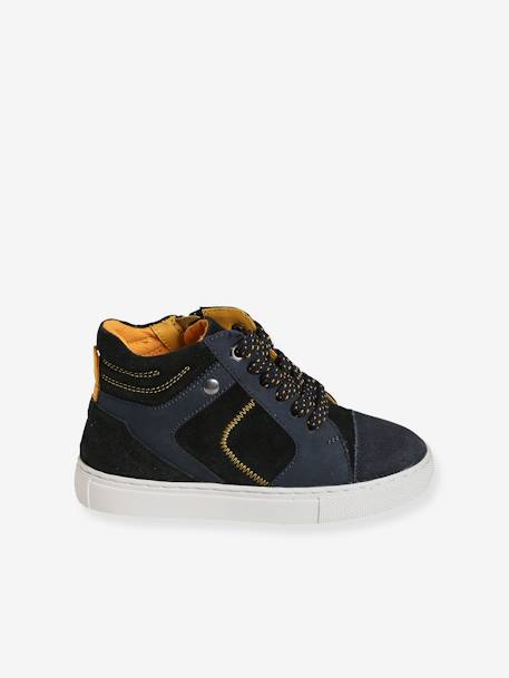 High-Top Leather Trainers with Laces & Zip, for Boys BLUE DARK SOLID 