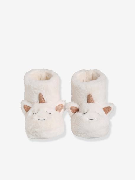 High-Top Unicorn Plush Slippers for Girls WHITE LIGHT SOLID WITH DESIGN 