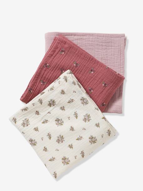 Pack of 3 Cotton Muslin Squares, Barn PINK MEDIUM ALL OVER PRINTED 