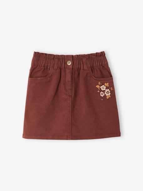 Paperbag Skirt with Embroidered Flowers, for Girls PURPLE DARK SOLID WITH DESIGN 