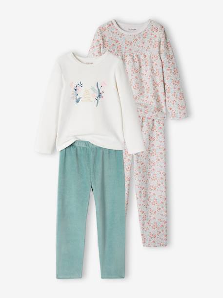 Pack of 2 Floral Velour Pyjamas for Girls BEIGE LIGHT SOLID WITH DESIGN 