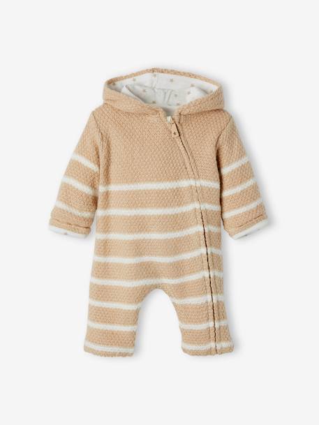 Knitted Jumpsuit for Newborn Babies, Lined BEIGE MEDIUM STRIPED+White Stripes 