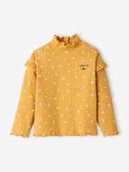 Girls-Tops-Roll Neck Tops-Rib Knit Crew Neck Top with Ruffles on the Sleeves, for Girls