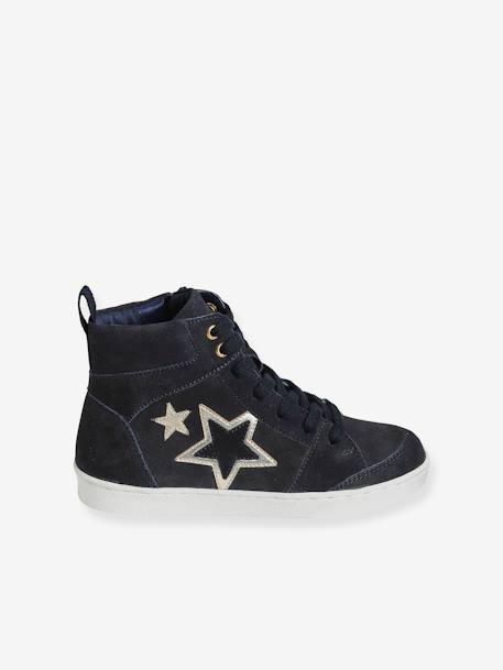 High-Top Leather Trainers with Laces & Zips for Girls BLUE DARK SOLID WITH DESIGN+GREY MEDIUM SOLID 