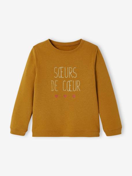 Sweatshirt with Message & Iridescent Details for Girls BROWN MEDIUM SOLID WITH DESIGN+Red 
