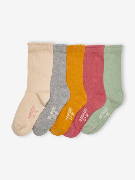 Pack of 5 Pairs of Rib Knit Socks for Girls BEIGE MEDIUM TWO COLORS/MULTIC 