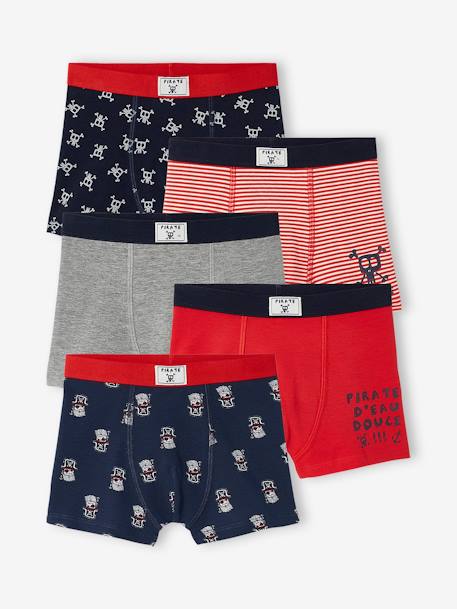 Pack of 5 Pairs of Stretch 'Pirates' Boxer Shorts for Boys BLUE DARK ALL OVER PRINTED 