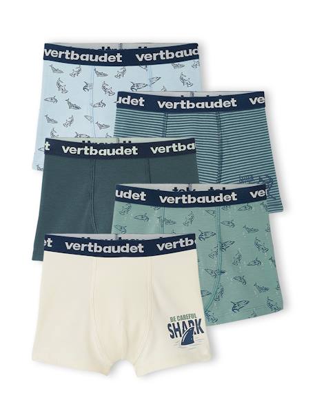 Pack of 5 Pairs of 'Sharks' Boxer Shorts for Boys BLUE MEDIUM SOLID WITH DESIGN 