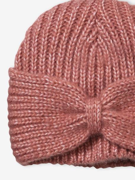 Rib Knit Beanie with Fancy Bow, for Girls PINK DARK SOLID 