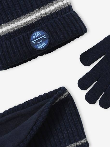 Beanie + Snood + Gloves Set in Rib Knit for Boys BLUE DARK TWO COLOR/MULTICOL+GREY MEDIUM TWO COLOR/MULTICOL 