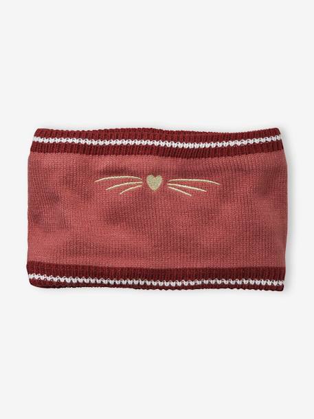 Rib Knit Snood with Embroidered Cat PINK DARK SOLID WITH DESIGN 