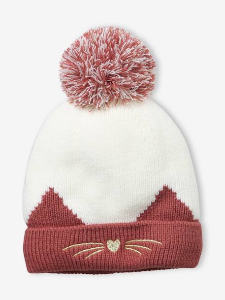 Rib Knit Beanie with Embroidered Cat PINK DARK SOLID WITH DESIGN 