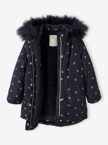 Parka with Hood & Sherpa Lining for Girls BLUE DARK ALL OVER PRINTED+BROWN MEDIUM ALL OVER PRINTED 