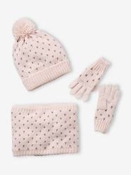 -Beanie + Snood + Gloves with Hearts Set for Girls