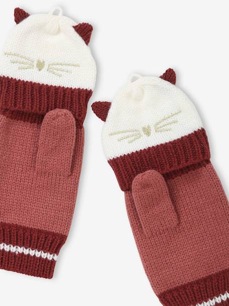 Knitted Gloves/Mittens, Embroidered Cat, for Girls PINK DARK SOLID WITH DESIGN 