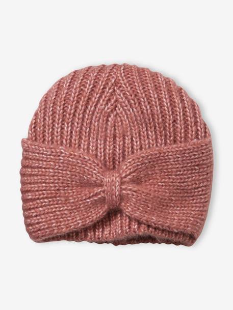 Rib Knit Beanie with Fancy Bow, for Girls PINK DARK SOLID 