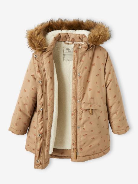 Parka with Hood & Sherpa Lining for Girls BLUE DARK ALL OVER PRINTED+BROWN MEDIUM ALL OVER PRINTED 