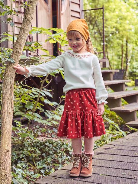 Corduroy Skirt with Flowers & Iridescent Details, for Girls BROWN MEDIUM ALL OVER PRINTED 
