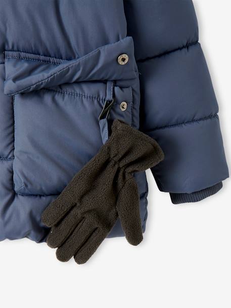 Hooded Jacket Lined in Polar Fleece, with Gloves, for Boys BLUE MEDIUM SOLID WITH DESIGN+BROWN MEDIUM SOLID WITH DESIGN 