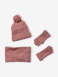 -Beanie + Snood + Mittens Set in Shimmering Cable-Knit