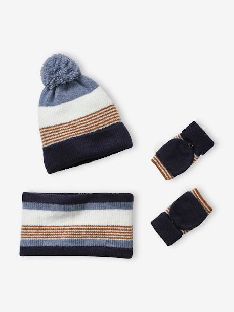 Striped Beanie + Snood + Gloves Set for Boys BLUE DARK TWO COLOR/MULTICOL+grey 
