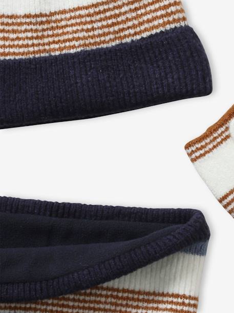 Striped Beanie + Snood + Gloves Set for Boys BLUE DARK TWO COLOR/MULTICOL+grey 