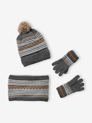 Boys-Beanie + Snood + Mittens Set in Jacquard Knit, for Boys