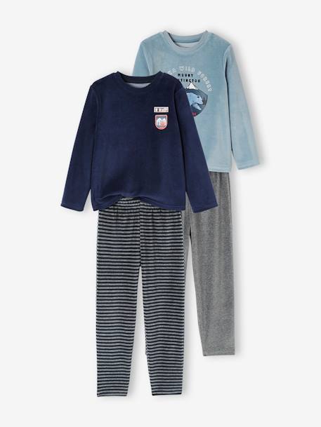 Pack of 2 'Nature' Pyjamas in Velour for Boys BLUE DARK SOLID WITH DESIGN 