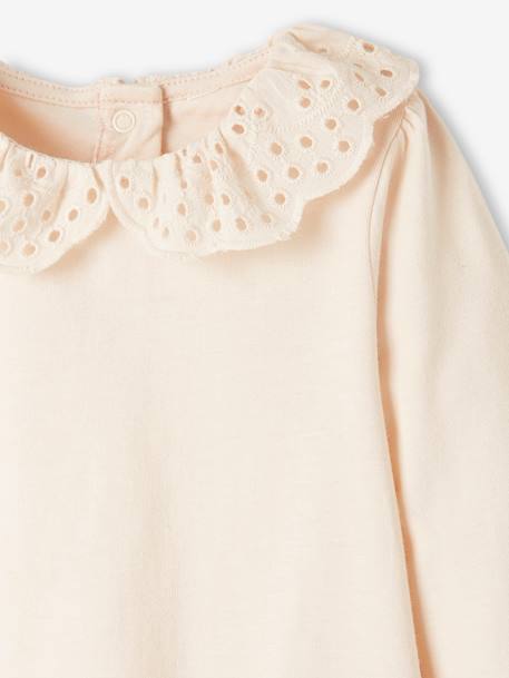 Long Sleeve Top with Embroidered Collar, for Babies BEIGE LIGHT SOLID+striped navy blue 