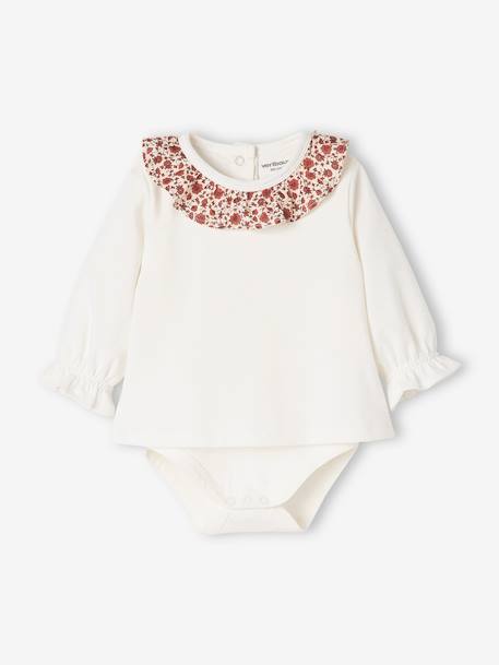 Long Sleeve Bodysuit Top with Ruffled Collar, for Babies WHITE LIGHT SOLID WITH DESIGN 