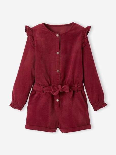 Corduroy Jumpsuit with Ruffles, for Girls Khaki+RED DARK SOLID 