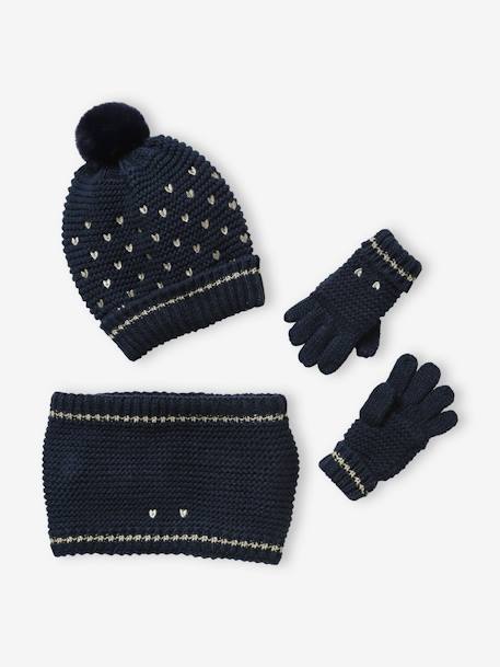 Beanie + Snood + Gloves Hearts Set For Girls BLUE DARK ALL OVER PRINTED 