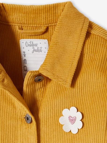 Worker Style Corduroy Jacket with Iridescent Flower Badge for Girls YELLOW MEDIUM SOLID WTH DESIGN 