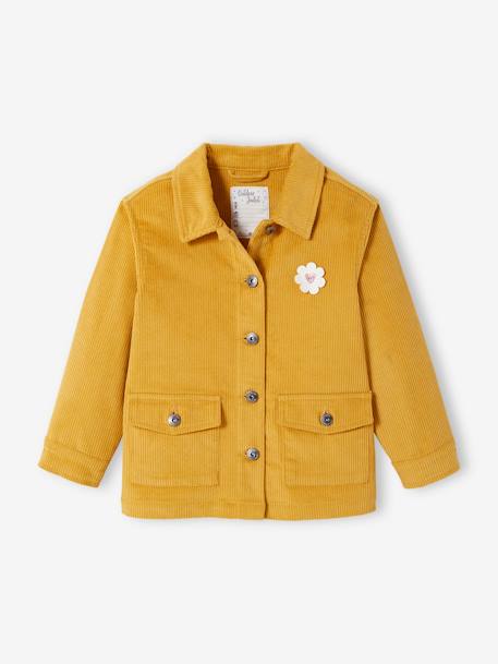 Worker Style Corduroy Jacket with Iridescent Flower Badge for Girls YELLOW MEDIUM SOLID WTH DESIGN 