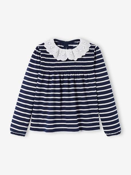 Blouse-like Top with Broderie Anglaise on the Collar, for Girls BLUE DARK STRIPED+rosy 