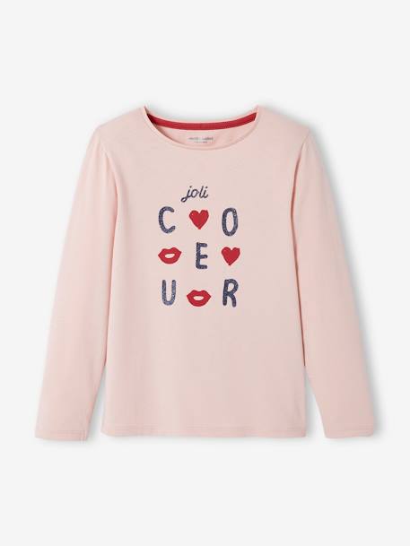 Long Sleeve Top with Iridescent Message for Girls PINK DARK SOLID WITH DESIGN 