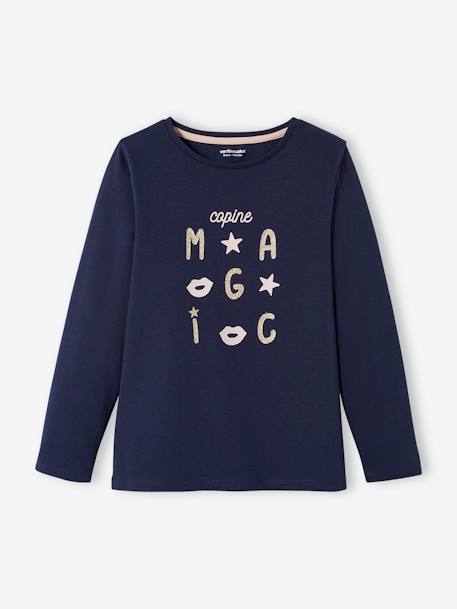Long Sleeve Top with Iridescent Message for Girls BLUE BRIGHT SOLID WITH DESIGN+PINK DARK SOLID WITH DESIGN 