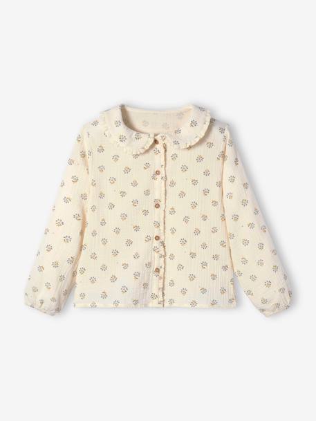 Blouse with Frilly Details in Cotton Gauze for Girls cappuccino+WHITE MEDIUM ALL OVER PRINTED 