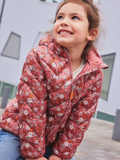 Lightweight Padded Jacket with Hood & Printed Motifs for Girls - pink  medium all over printed