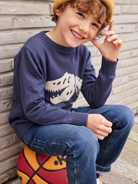 Jacquard Jumper with Fun Motif for Boys BLUE MEDIUM SOLID WITH DESIGN 