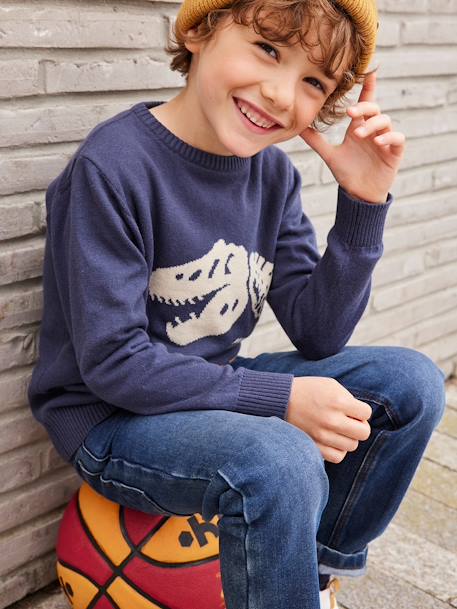 Jacquard Jumper with Fun Motif for Boys BLUE MEDIUM SOLID WITH DESIGN+GREY LIGHT MIXED COLOR 