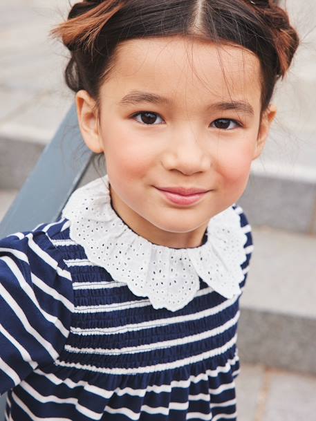 Blouse-like Top with Broderie Anglaise on the Collar, for Girls BLUE DARK STRIPED+rosy 