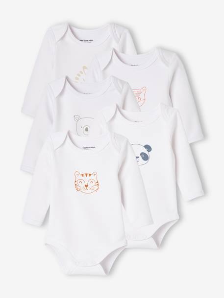 Pack of 5 'Animals' Long Sleeve Bodysuits for Newborn Babies, Cutaway Shoulders WHITE LIGHT TWO COLOR/MULTICOL 