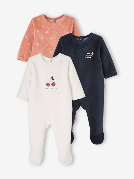 Pack of 3 Velour Sleepsuits with Front Opening for Babies PINK DARK 2 COLOR/MULTICOL OR 