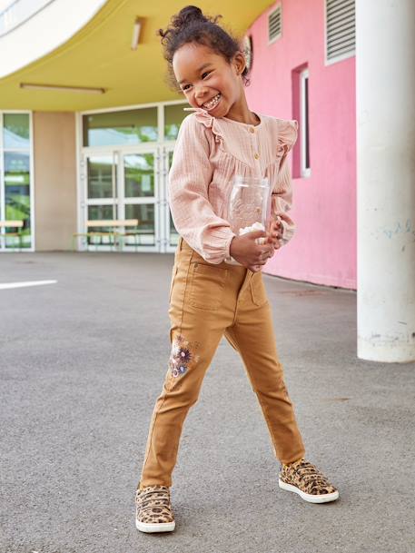Slim Leg Trousers, Embroidered Flowers, High Waist, for Girls BROWN LIGHT SOLID WITH DESIGN+GREEN MEDIUM SOLID WITH DESIG 
